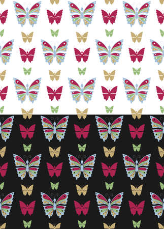 Butterfly seamless pattern. Hand drawn colorful silhouttes illustration, geometrical grid template. White or black easy editable background. Vectorのイラスト素材