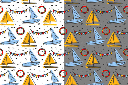 Doodle ink line seamless pattern. Hand drawn cartoon style design illustration, marine life objects,...