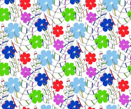 Floral hand drawn seamless pattern, tropical leaves, simple flower silhouettes, rainbow bright color palette. White color background. Vectorのイラスト素材