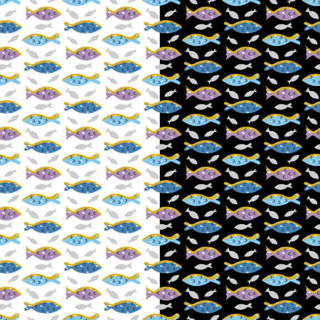 Sea fish seamless pattern. Childish cartoon style, colorful web template. Blue marine, lilac color palette background. Vectorのイラスト素材