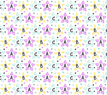 Baby stars, ABC seamless pattern. Hand drawn doodle paint brush design, alphabet font, gender neutral bright color palette. Nursery decor prints. White easy editable color backgroundのイラスト素材