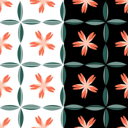 Floral motif seamless pattern. Geometrical check grid, daisy flowers, plants leaf. Abstract modern fashion style. Green pink color palette. White or black easy editable color background. Vectorのイラスト素材