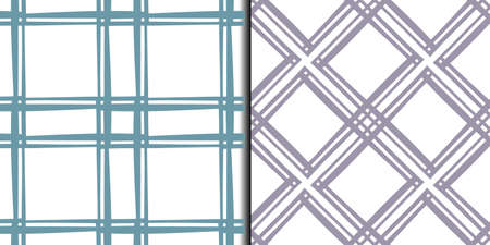 Two checkered geometric grid seamless patterns. Hand drawn doodle paint brush line, monochrome blue lilac color check templates. White easy editable color background. Vectorのイラスト素材