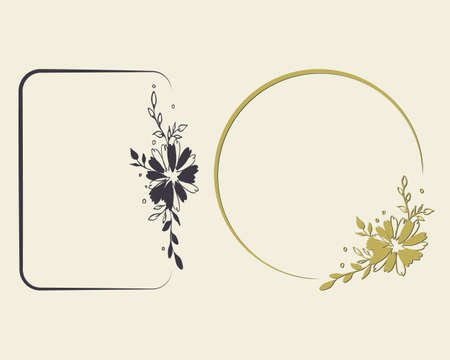 Floral chamomile frame outline set. Hand drawn decorative daisy borders, outline doodle strokes, circle, rectangle shapes. Grey, gold color palette. Vectorのイラスト素材