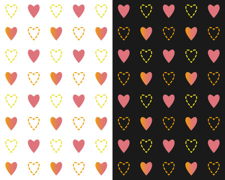 Heart symbols, festive seamless pattern. Geometrical grid ornament, pink yellow color palette. White...