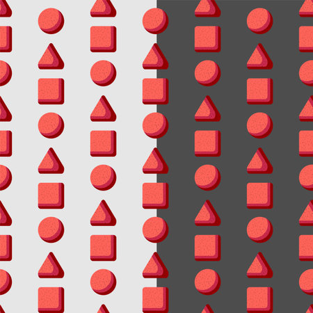 Geometric shapes seamless pattern. A grid of triangle, circle, square forms. Quirky style, flat...