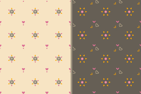 Heart cute baby seamless patterns, set of 2. Mandala sun shapes, outline hearts. Minimalist geometrical grid. Tender pastel nursery color palette. Transparent background. Vectorのイラスト素材
