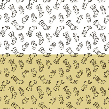 Holiday socks symbols seamless pattern. Hand drawn brush stroke sketch style illustration, doodle decorative winter warm socks, mittens. Black and white colors. Transparent background. Vectorのイラスト素材