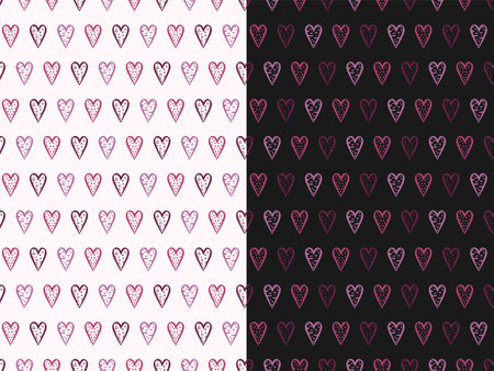 Love hearts seamless pattern, set of 2, doodle hand drawn paint brush design, cute geometrical grid template, monochrome pink lilac tones color. White, dark blue backgroundのイラスト素材