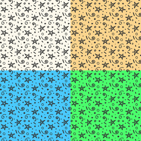 Childish star decorative seamless patterns. Hand drawn doodle kids cartoon design, brush line textute. Transparent backgroundのイラスト素材