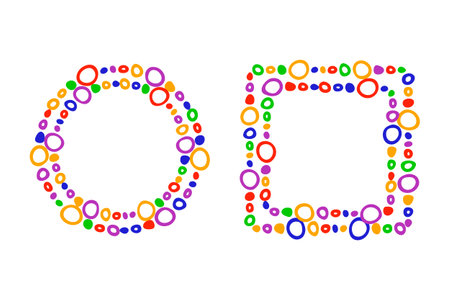 Frames, border Set. Hand drawn paint brush line strokes, cute bubbles, colorful rainbow color palette. Circle wreath, square geometric shapes. Empty frame for text spaceのイラスト素材