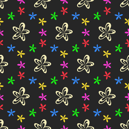 Floral decorative seamless pattern. Doodle simple graphic daisy flowers. Cute cartoon baby nursery design, geometric grid cover, colorful rainbow colors illustration. Black background. Vectorのイラスト素材
