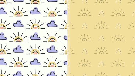 Weather childish seamless pattern set of 2 layouts, cloud rainbow sun shapes, hand drawn ink graph design, doodle cartoon baby style. Pastel pink blue yellow colour paletteのイラスト素材