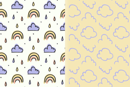 Weather childish seamless pattern set of 2 layouts, cloud rainbow drops shapes, hand drawn ink graph design, doodle cartoon baby style. Pastel pink blue yellow colour paletteのイラスト素材
