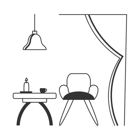 Living room, modern indoor interior graphic black white line art design, home furniture armchair, table, cup, candle, lamp, window, vectorのイラスト素材