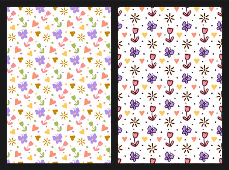 Floral childish seamless patterns, set of 2 cute layouts, doodle cartoon baby style, hand drawn brush stroke graph design. Vector illustration. Pastel pink blue yellow colour paletteのイラスト素材