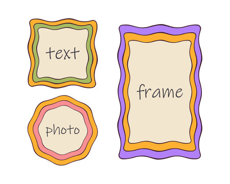Groovy vintage frame set, 70s colorful palette, black wavy strokes. Flat cartoon design. Text spaceのイラスト素材
