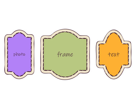 Frames, border Set. Hand drawn black paint brush doodle line strokes, mid century tones colours. Arabesque geometric shapes. Empty frame for text spaceのイラスト素材