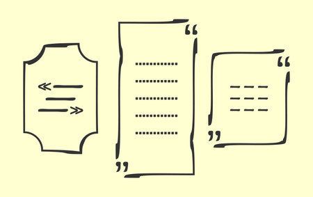 Quotation mark decorative frames set. Citation concept borders. Cartoon design. Creative rectangle shapes, black colour doodle stroke, paint brush lineのイラスト素材