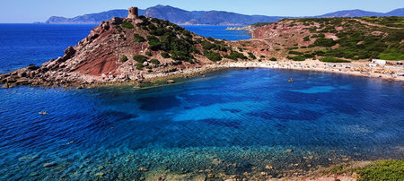 Rocky Coast of the Mediterranean Sea landscape. Sunny summer day background. Blue sky line, sea water beautyの写真素材