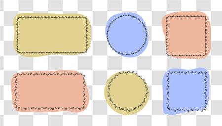 Frames, border and checkered seamless pattern Set. Hand drawn ink paint brush doodle line strokes and fills, colourful palette. Circle, square geometric shapes, trendy background. Vectorのイラスト素材