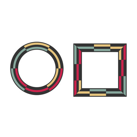 Checkered frames set, circle, square shape background. Black, yellow, red, blue vintage colours palette, modern graphic design, retro style. Vectorのイラスト素材