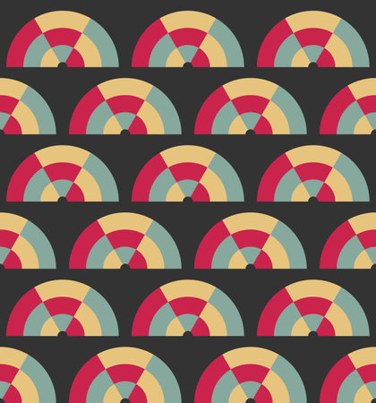 Checkered half circle abstract seamless pattern swatch. Cute decorative arch geometrical grid. Black, yellow, red, blue vintage colours palette. Graphical ornamental background. Vectorのイラスト素材