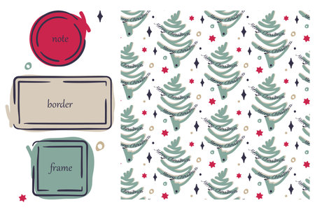 Christmas motif frames, seamless pattern Set. Hand drawn doodle cartoon style design, ink blob brush line strokes. Circle, square border shape. Transparent pattern background. Cute illustrationのイラスト素材