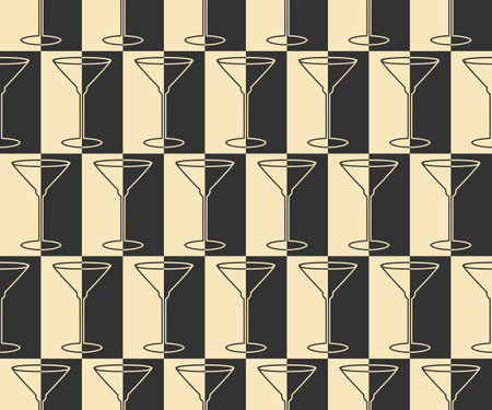 Cocktail glass, dry Martini checkerboard abstract seamless pattern. Stylish monochrome geometrical grid. Black and white vintage colours palette. Graphic ornamental background. Vectorのイラスト素材