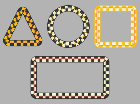 Checkered frames set. Square, circle, triangle, rectangle geometric shapes background. Black, white cream, yellow editable colours, red stripe line, modern graphic, vintage style. Vectorのイラスト素材