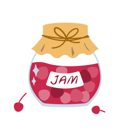 Cherry jam jar icon, coloured flat style design, cartoon style, isolated element, white background, cute vectorのイラスト素材