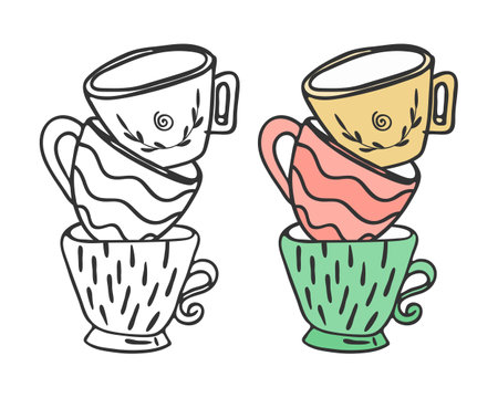 Cup pyramid composition set. Doodle icon hand drawn decorative stroke line, black sketch contour blob brush, outline, pastel coloured cartoon flat design. Vector illustrationのイラスト素材