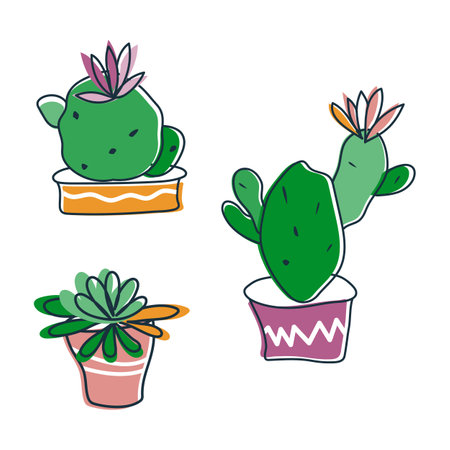 Cactus, houseplant cartoon icon set. Hand drawn doodle cute bright illustration, naive childlike design, green lilac yellow colour palette. Good for web poster, journal, banner, card. Vectorのイラスト素材