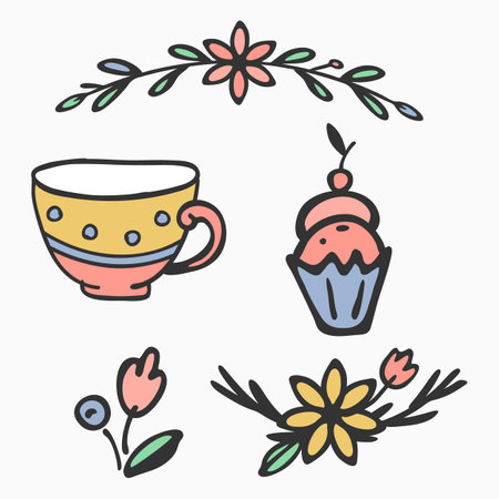 Cup symbol Clipart Set. Doodle icon kit, hand drawn decorative stroke line flower, black sketch contour, pastel coloured cartoon flat design. Various isolated element. Vector illustrationのイラスト素材