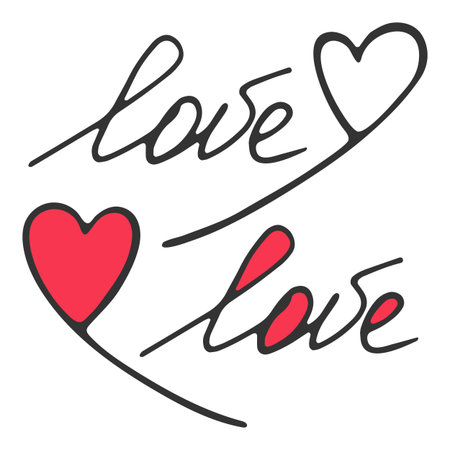 Love word, heart shape composition for web card. Hand drawn lettering, doodle cartoon style. Outline writing, cute red coloured web design, isolated elements. Vector illustrationのイラスト素材