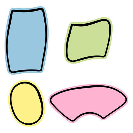 Comic frame, border Set. Hand drawn cartoon ink blob brush doodle line strokes and fills, pastel colourful palette. Circle wreath, square geometric shape, text space background. Vector illustrationのイラスト素材