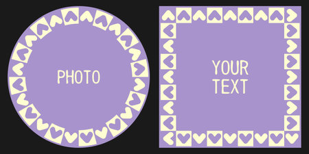 Decorative geometric frame set. Cute love heart shape, checked ornament. Square, circle web background, viola white vintage colour, copy text space, modern graphic. Stylish vector illustrationのイラスト素材