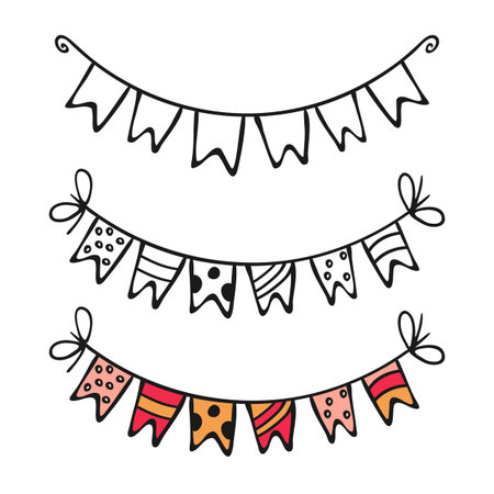 Holiday garland flag icon set. Outline black marker ink contour, cute coloured doodle sketch style, hand drawn blob stroke line. Festive banting party graphic web design. Vector illustrationのイラスト素材