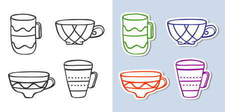 Tea or coffee cup outline icon, Clip art sticker set. Doodle hand drawn texture decorative stroke line, black sketch contour mug, coloured cartoon flat design. Isolated elements. Vector illustrationのイラスト素材