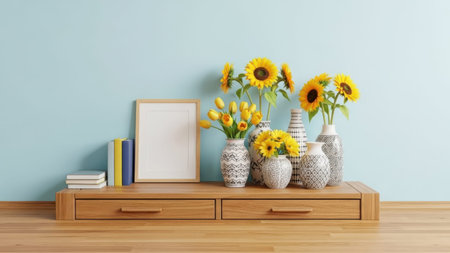This image features a wooden shelf against a light blue wall. On the shelf, there are several vases with vibrant sunflowers and yellow tulips. Alongside the vases, there is a stack of books and a framed picture. The image is on a transparent background, making it suitable for various design applications. Keywords: sunflowers, vases, shelf, flowers, books, frame, wall, transparent background.の素材