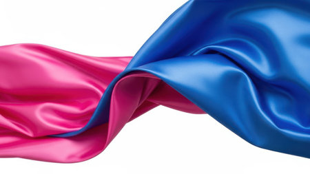 A close-up view of luxurious silk fabric in vibrant pink and blue hues, elegantly draped against a white background.の素材