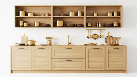 A sleek, contemporary kitchen featuring wooden cabinets and shelves adorned with copper pots and utensils, creating a warm and inviting atmosphere.の素材