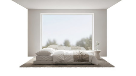 A minimalist bedroom features a large window that offers a serene view of nature, complemented by a neatly made bed with white linens and a small bedside table.の素材