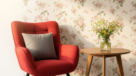 A comfortable red armchair with a gray pillow sits against a wall adorned with floral wallpaper. A small wooden table holds a vase filled with fresh flowers, creating a serene and inviting atmosphere.の素材