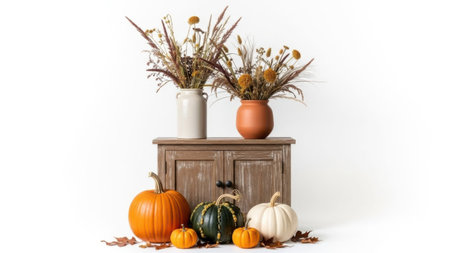 A rustic wooden cabinet adorned with pumpkins and dried flowers in earthy tones, evoking the spirit of autumn.の素材