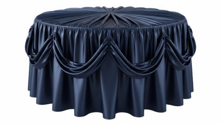 A round table covered with a luxurious black satin tablecloth featuring elegant pleated details and cascading ruffles.の素材