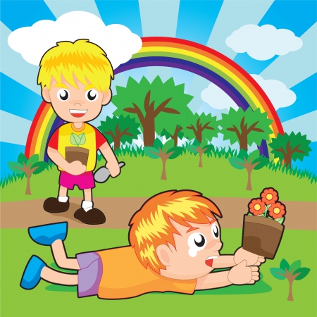 boys planting little plants on the forest. Vector Illustration.のイラスト素材