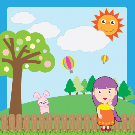 girl and pink rabbit on gardenのイラスト素材