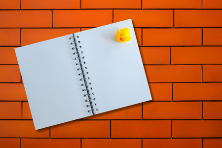Opened notebook with duck on Brick textureの写真素材