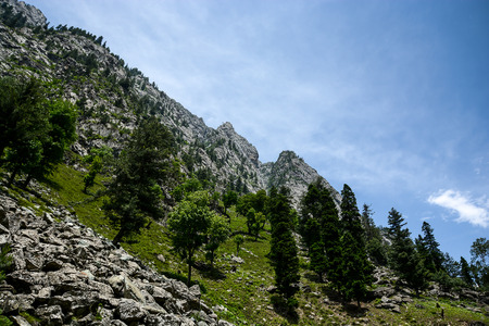 High mountain, forest and sky in Sonamerg, Indiaの写真素材